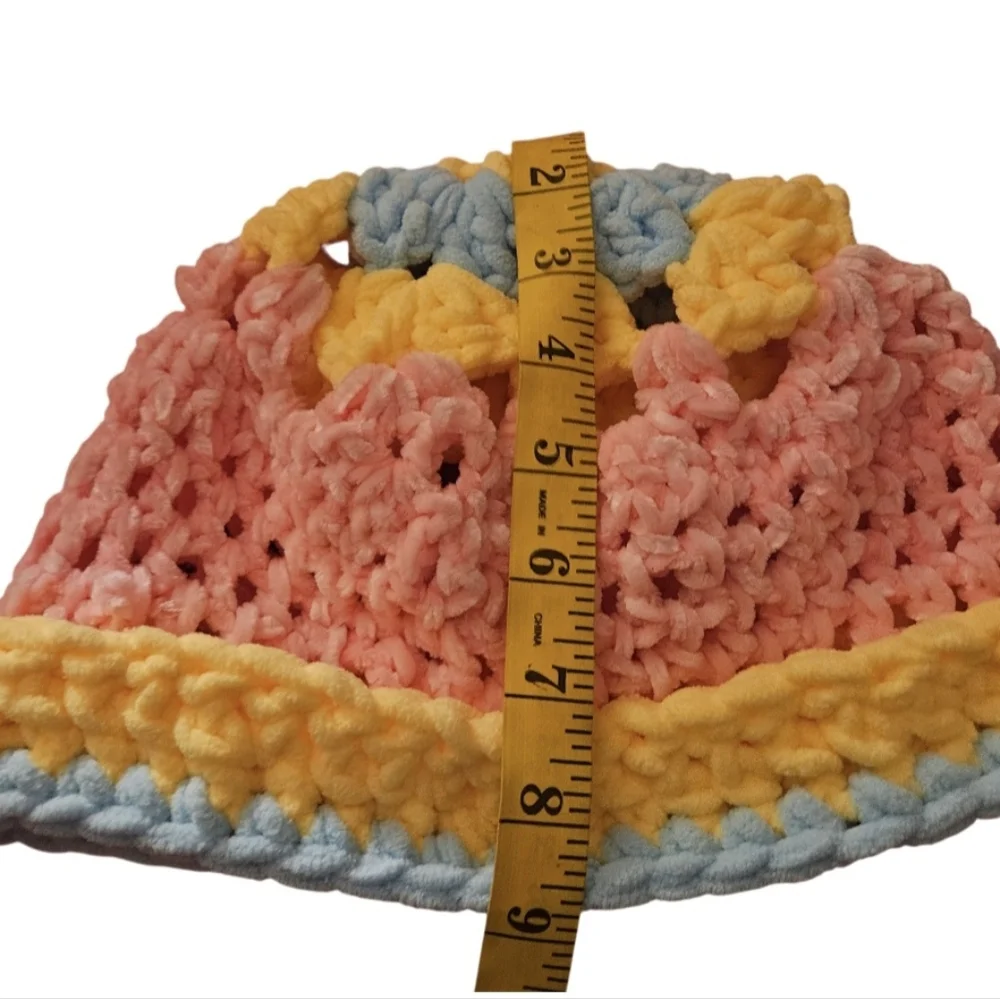 Handmade Pastel Crochet Beanie Wrist Warmers Set Pink Yellow Blue Hand Knit - Picture 4 of 16